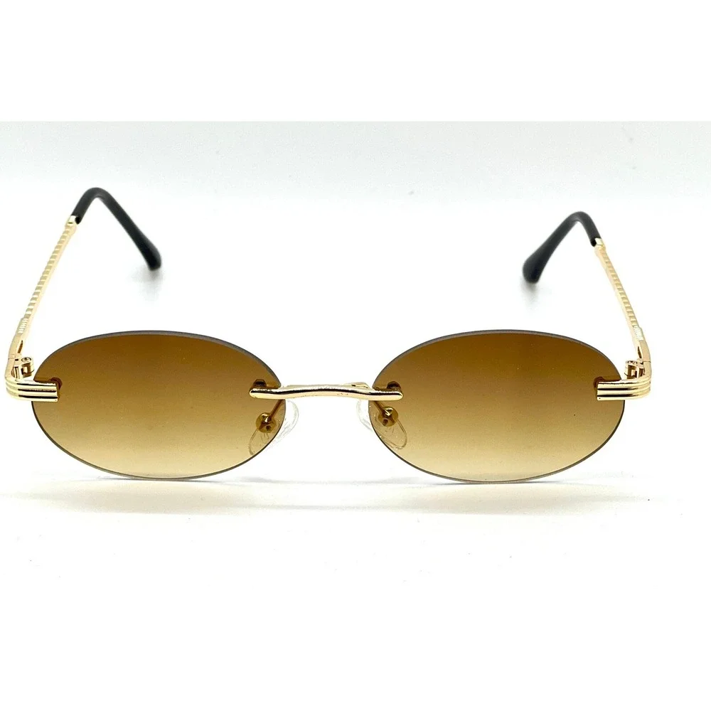 Oval Sunglasses Gold Frame Brown Lens‎ Rimless Vintage Style Men Trendy Hip Hop